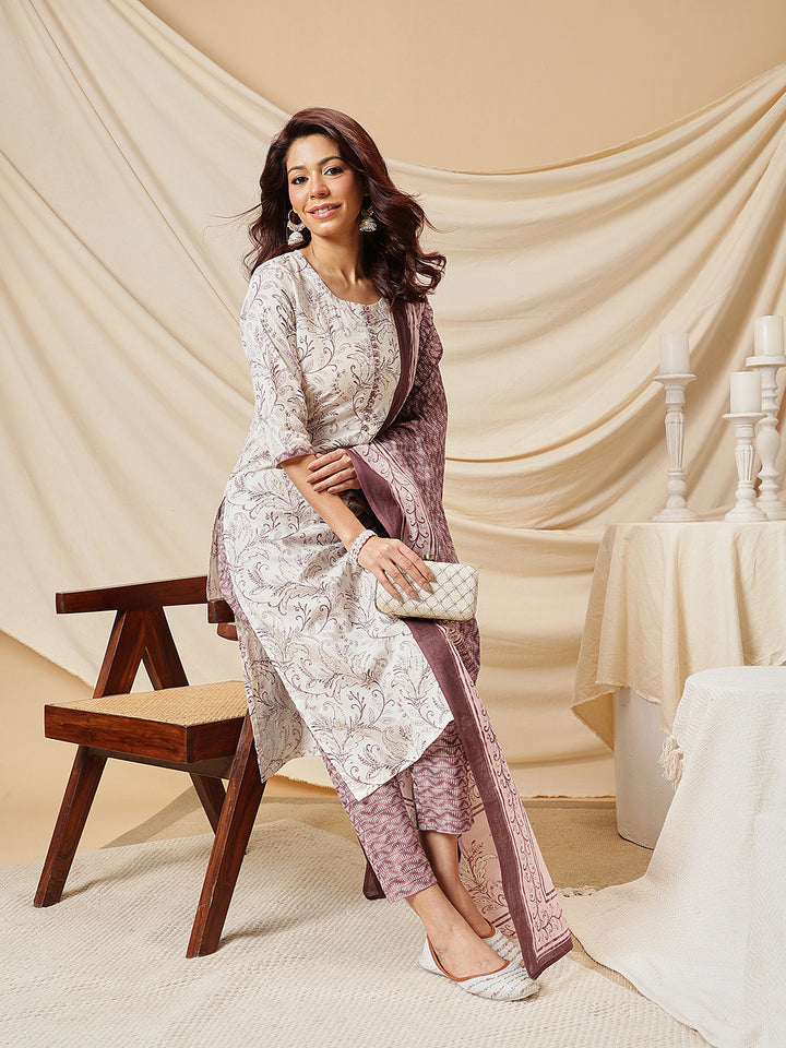 White Golden Floral Printed Cotton Suit Set