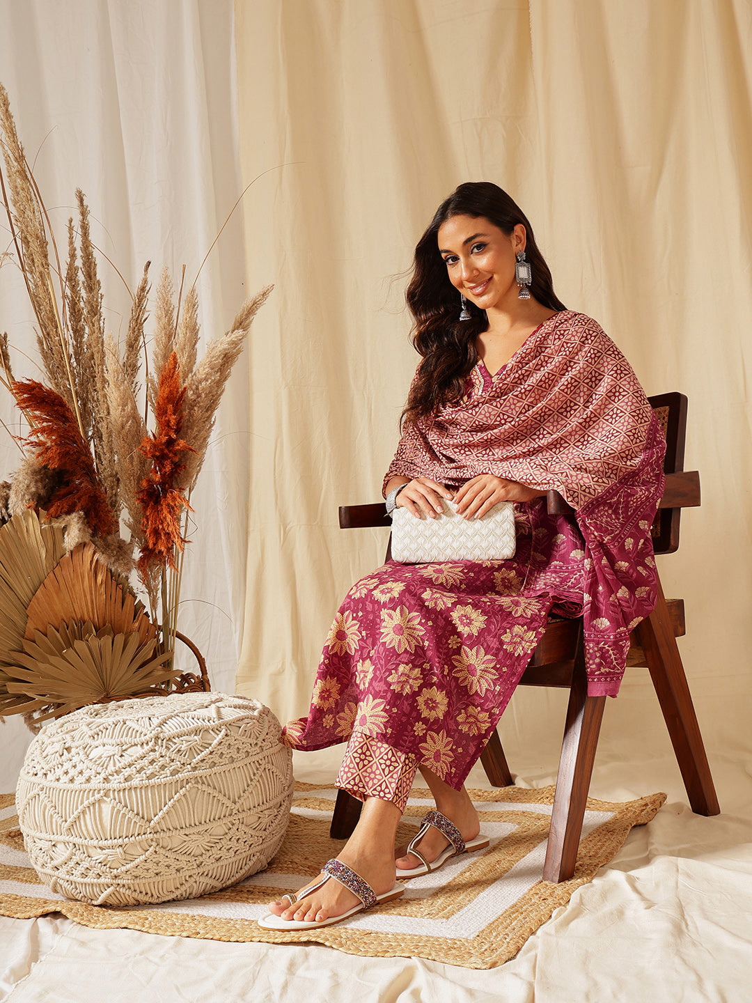 Burgundy Ethnic Motif Cotton  Suit Set