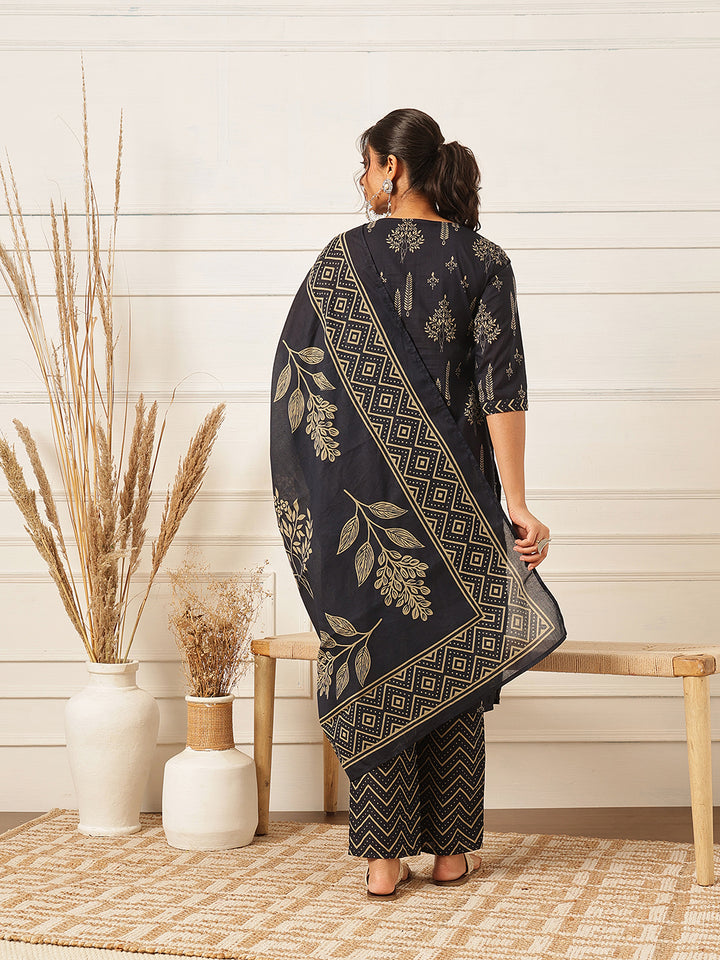 Navy Blue Embroidered Cotton Suit Set