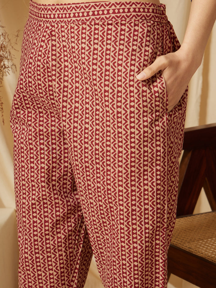 Beige And Maroon Ethnic Motifs Printed Cotton Suit Set