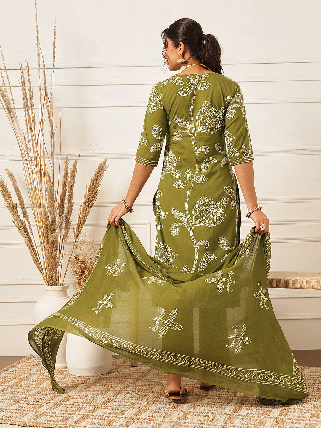 Green Embroidered V Neck Suit Set