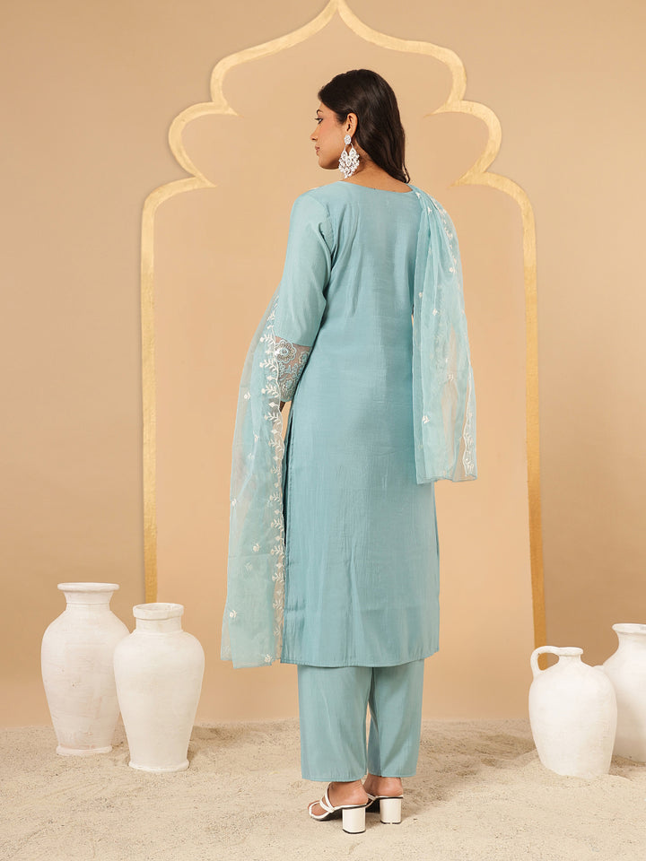 Blue Embroidered Silk Suit Set