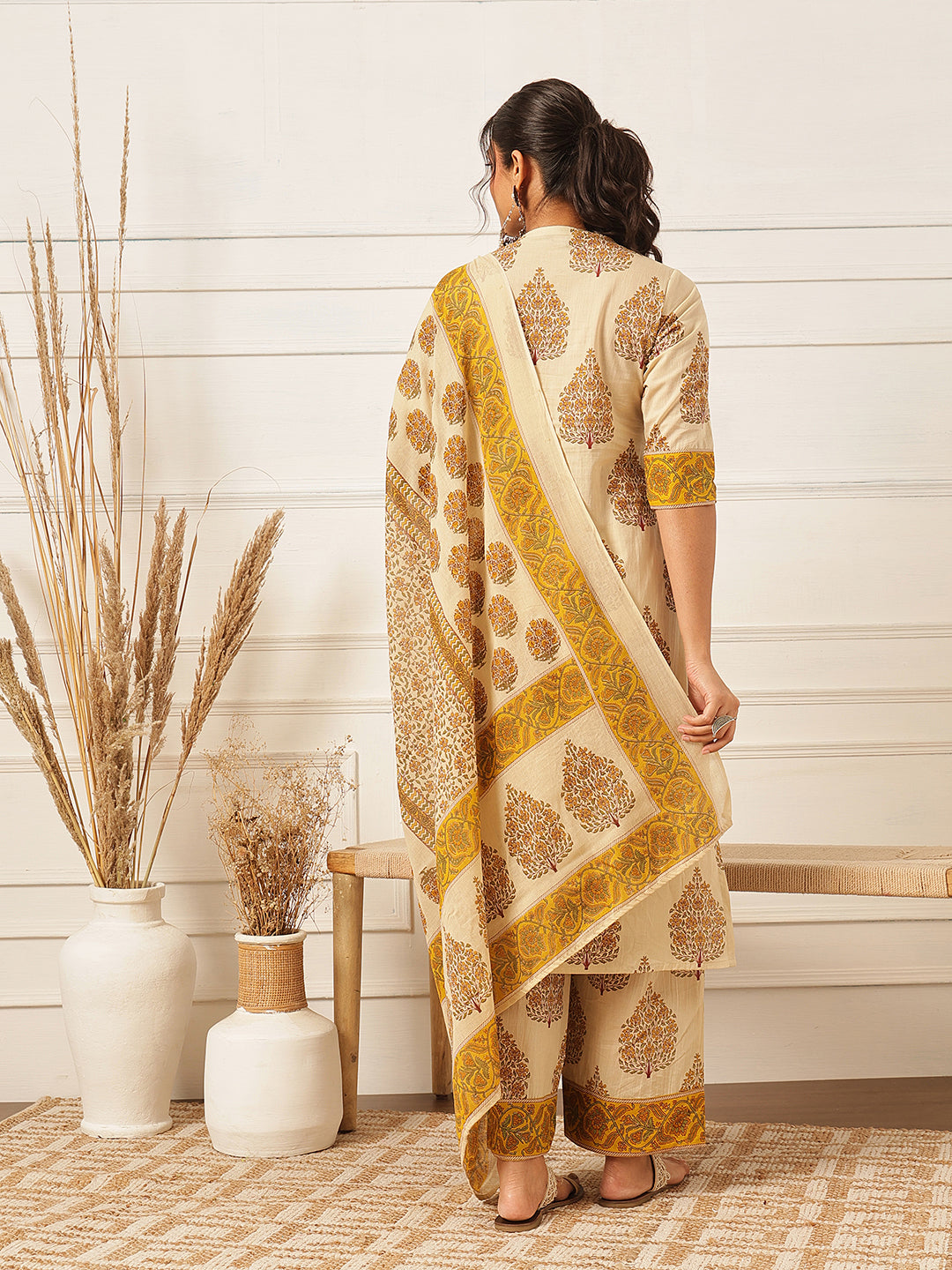 Mustard Floral Printed Cotton Suit Set