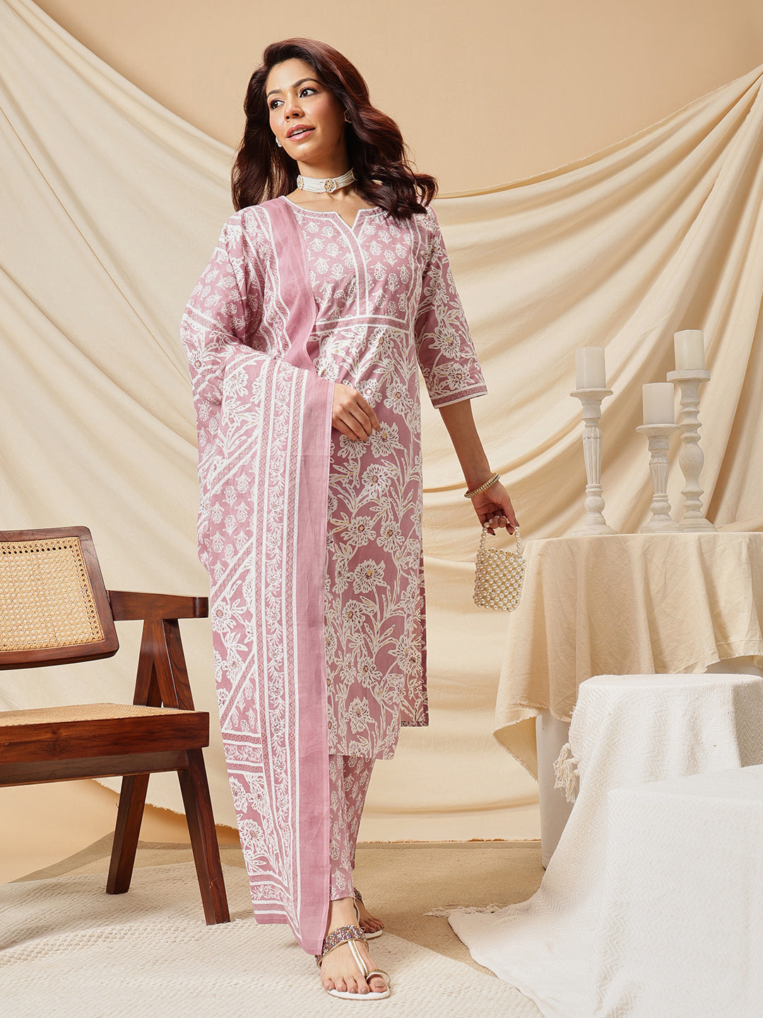 Pink Floral Printed Cotton Suit Set