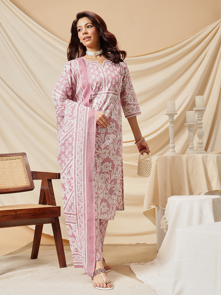 Pink Floral Printed Cotton Suit Set