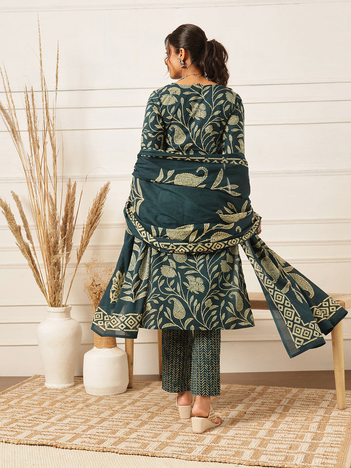 Blue Floral Printed Cotton Suit Set
