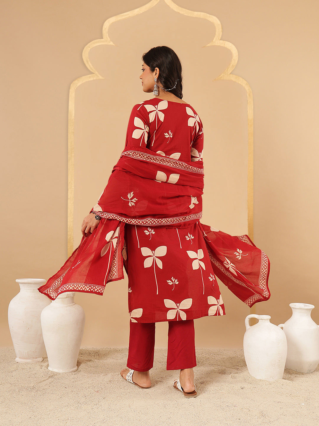 Red Printed Cotton Suit Set