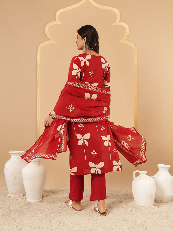 Red Printed Cotton Suit Set