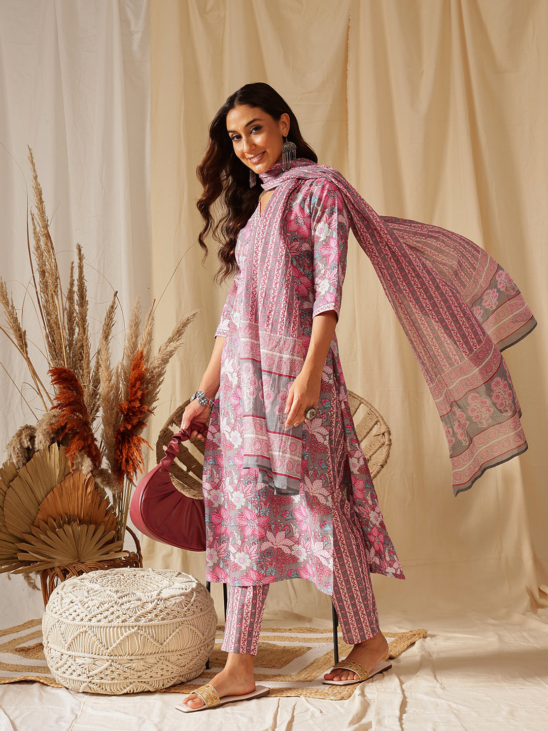 Grey and Pink Printed Cotton Suit Set