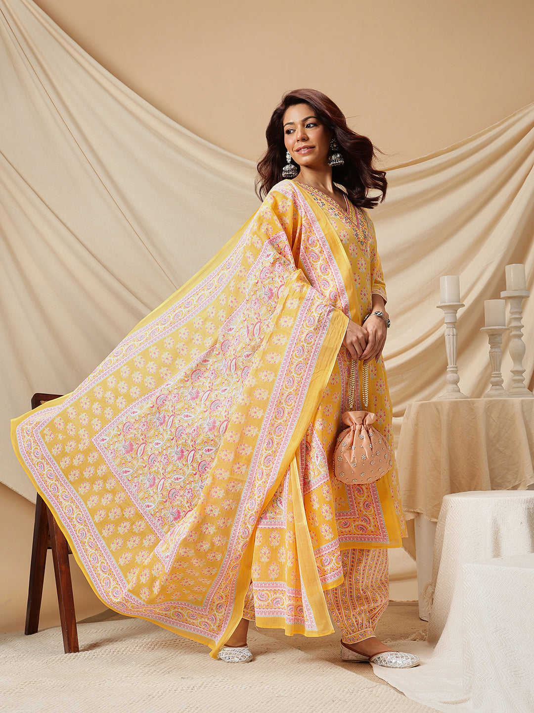 Yellow Embroidered Floral Printed Cotton Suit Set