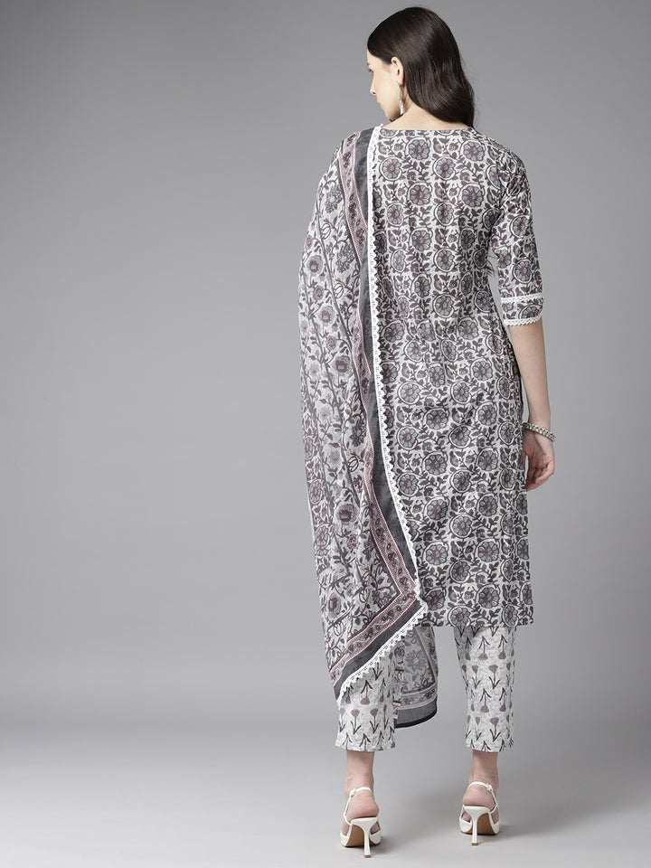 Grey Embroiderd Floral Printed Cotton Suit Set