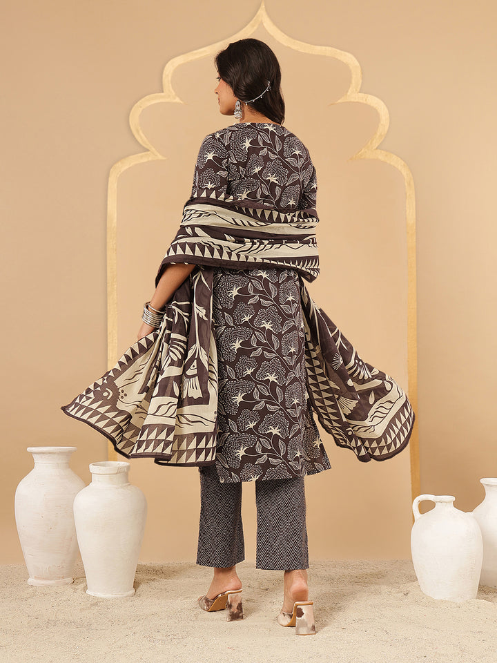 Brown Floral Printed Cotton Suit Set