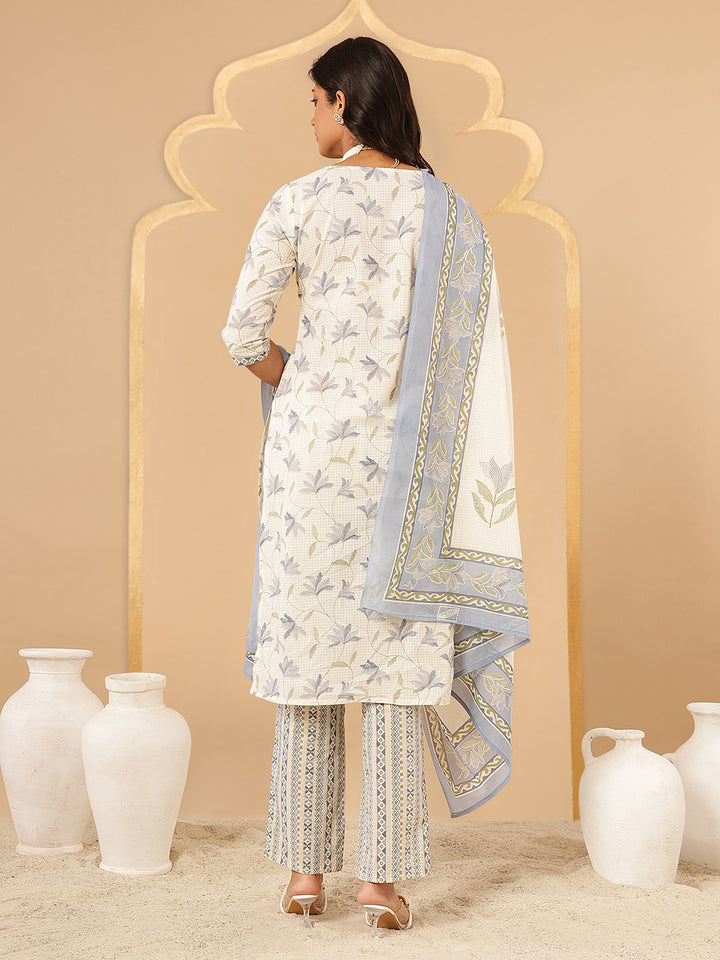 Blue Floral Printed Cotton Suit Set