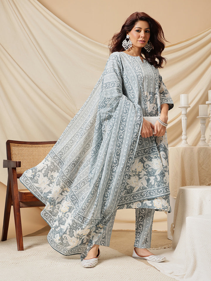 Grey Ethnic Motif Printed Cotton Suit Set