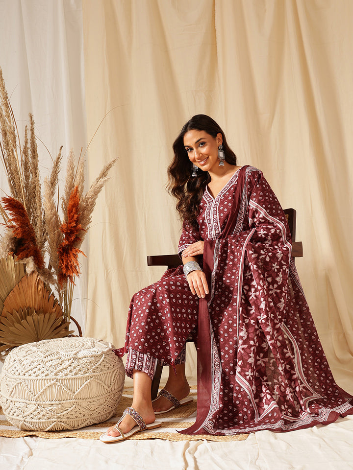 Maroon Floral Printed Cotton Suit Set