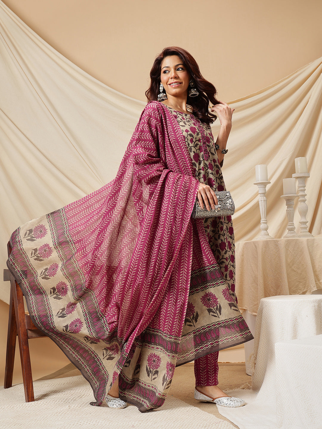 Beige Floral Printed Cotton Suit Set