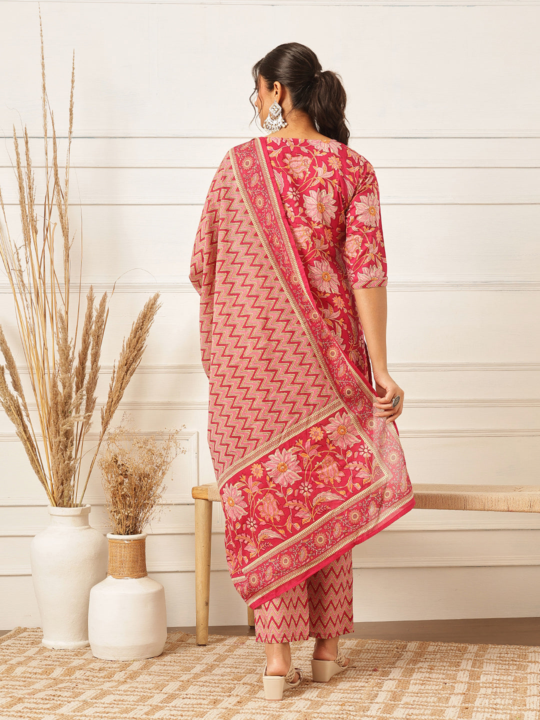 Pink Floral Printed Printed Suit Set
