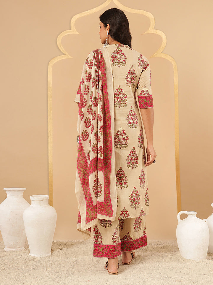 Magenta Floral Printed Cotton Suit Set