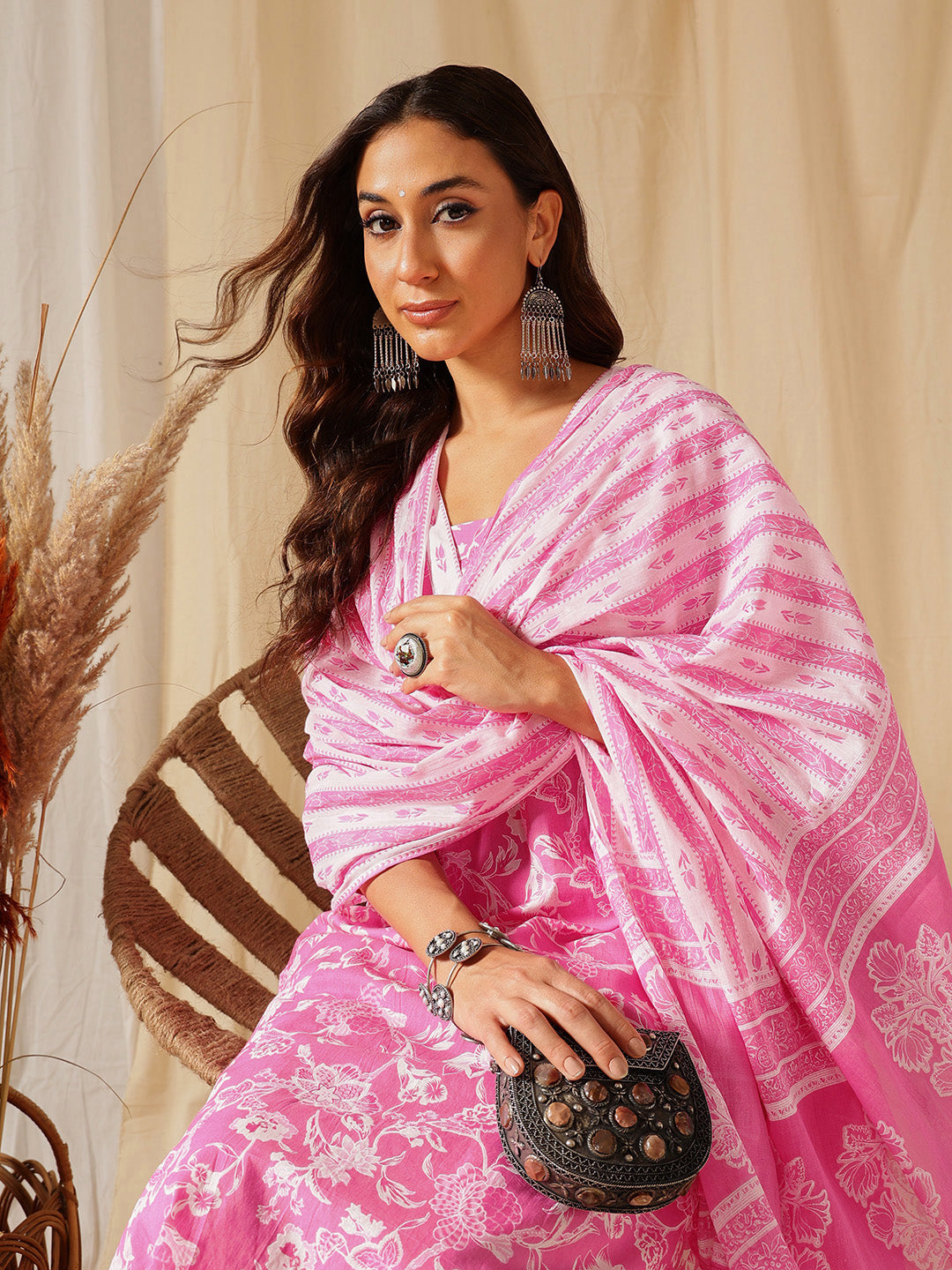 Pink Floral Printed Cotton Suit Set