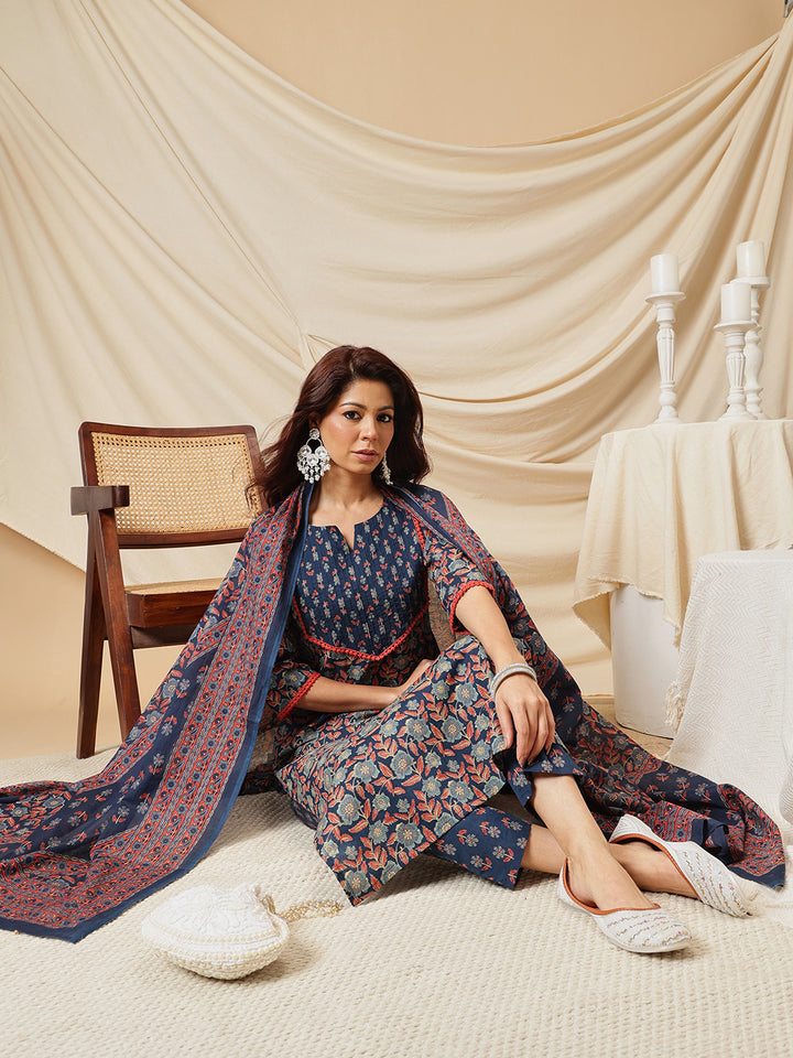 Navy Blue Floral Printed Cotton Suit Set