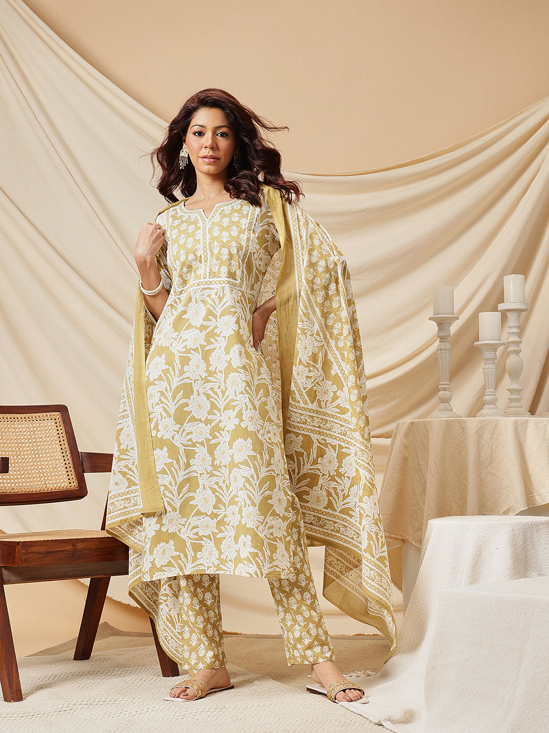 Mustard Floral Printed Cotton Suit Set