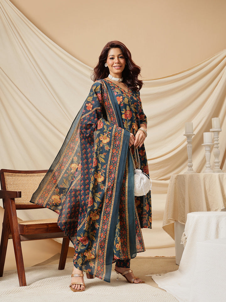 Navy Embroidered Floral Printed Cotton Suit Set