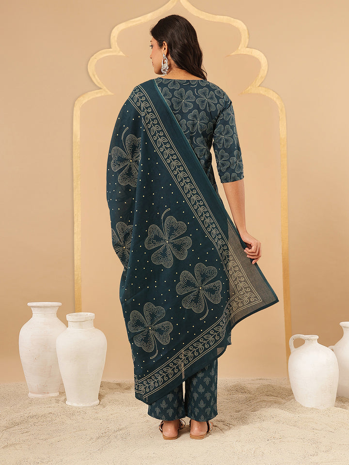 Teal Embroidered Cotton Suit Set