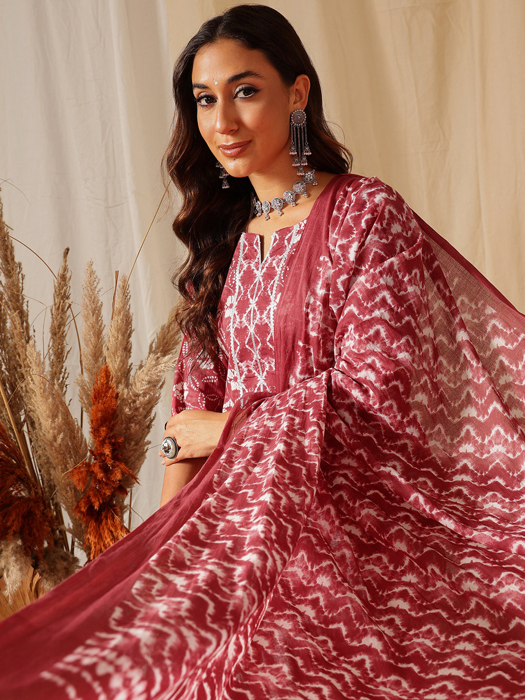 Maroon Printed Cotton Suit Set