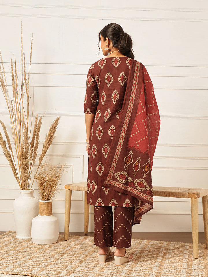 Brown Embroidered Cotton Suit Set