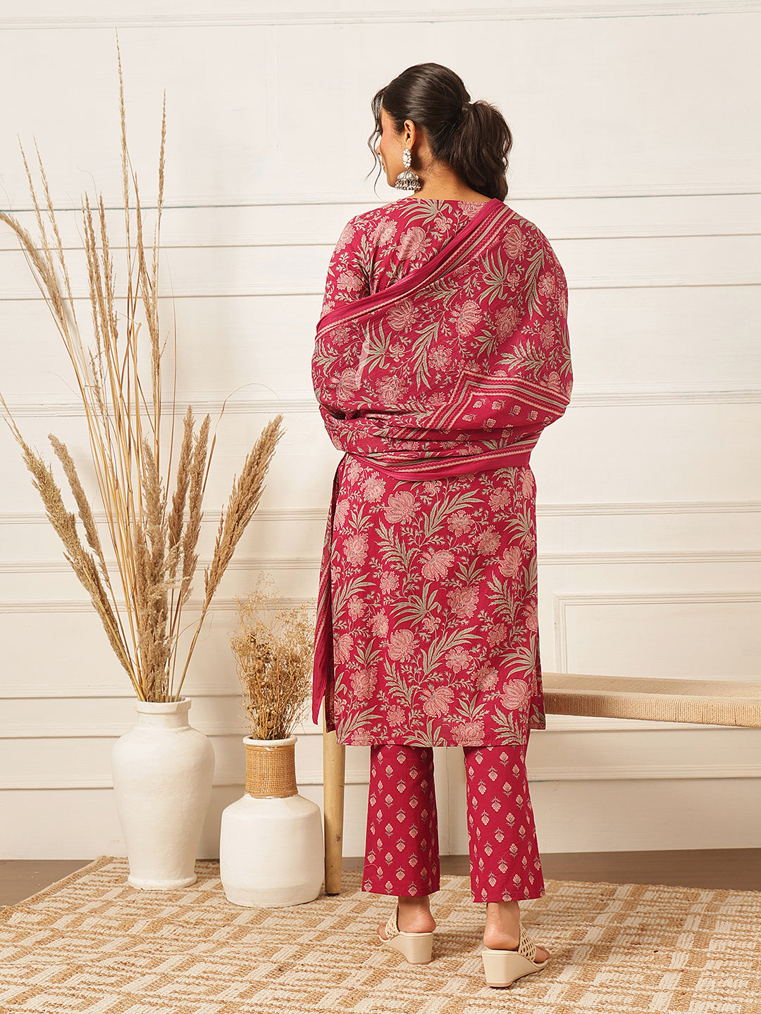 Pink V Neck Printed Cotton Suit Set