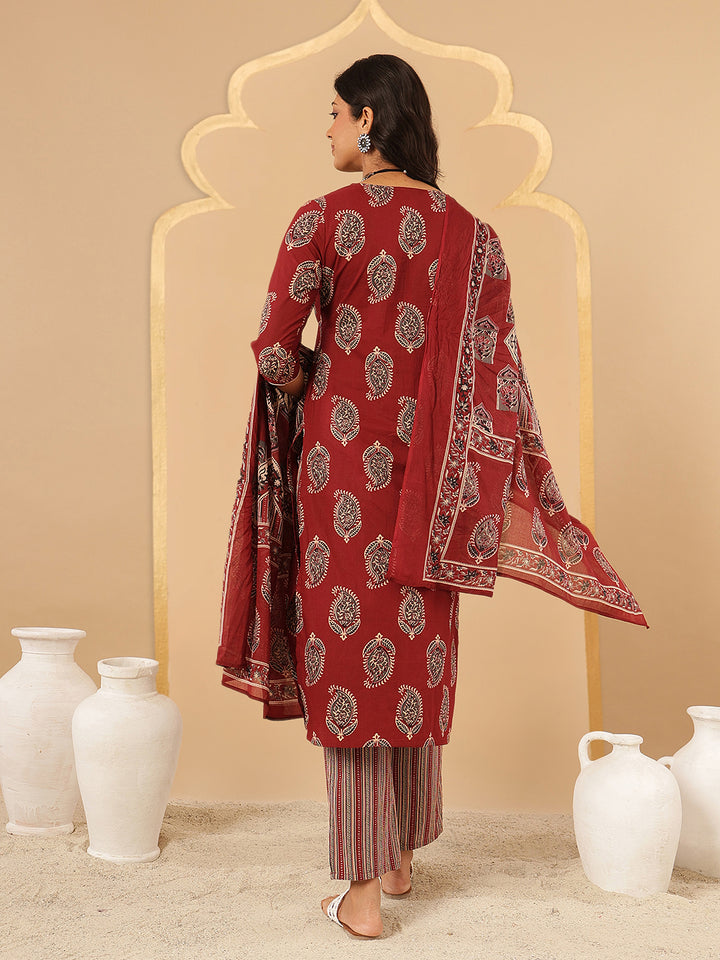 Maroon Ethnic Printed Cotton Suit Set