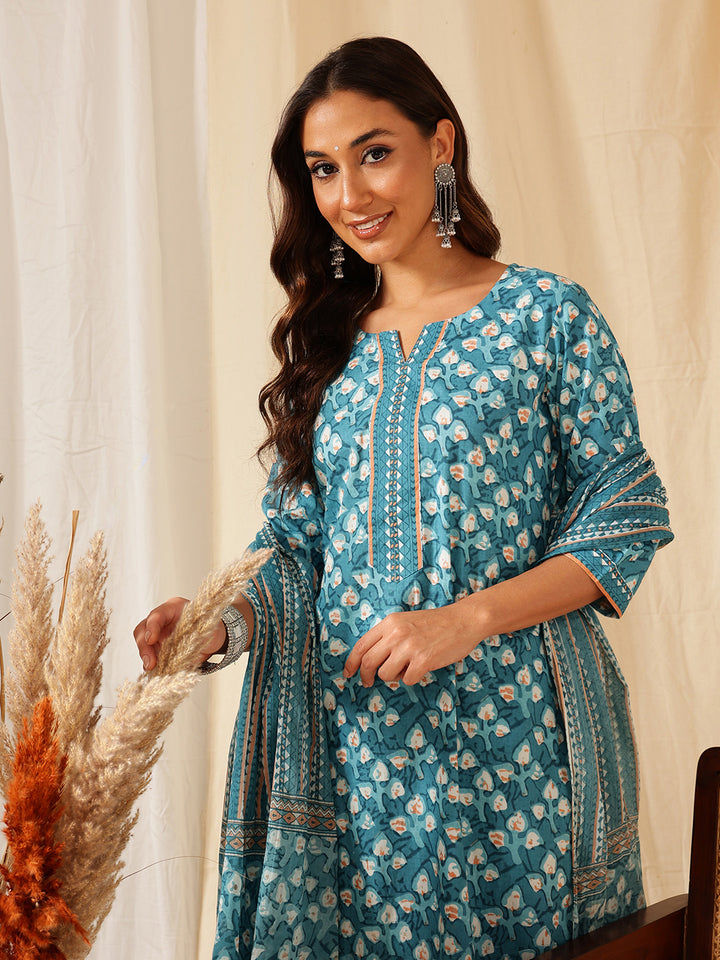 Blue Ethnic Motif Printed Cotton Suit Set