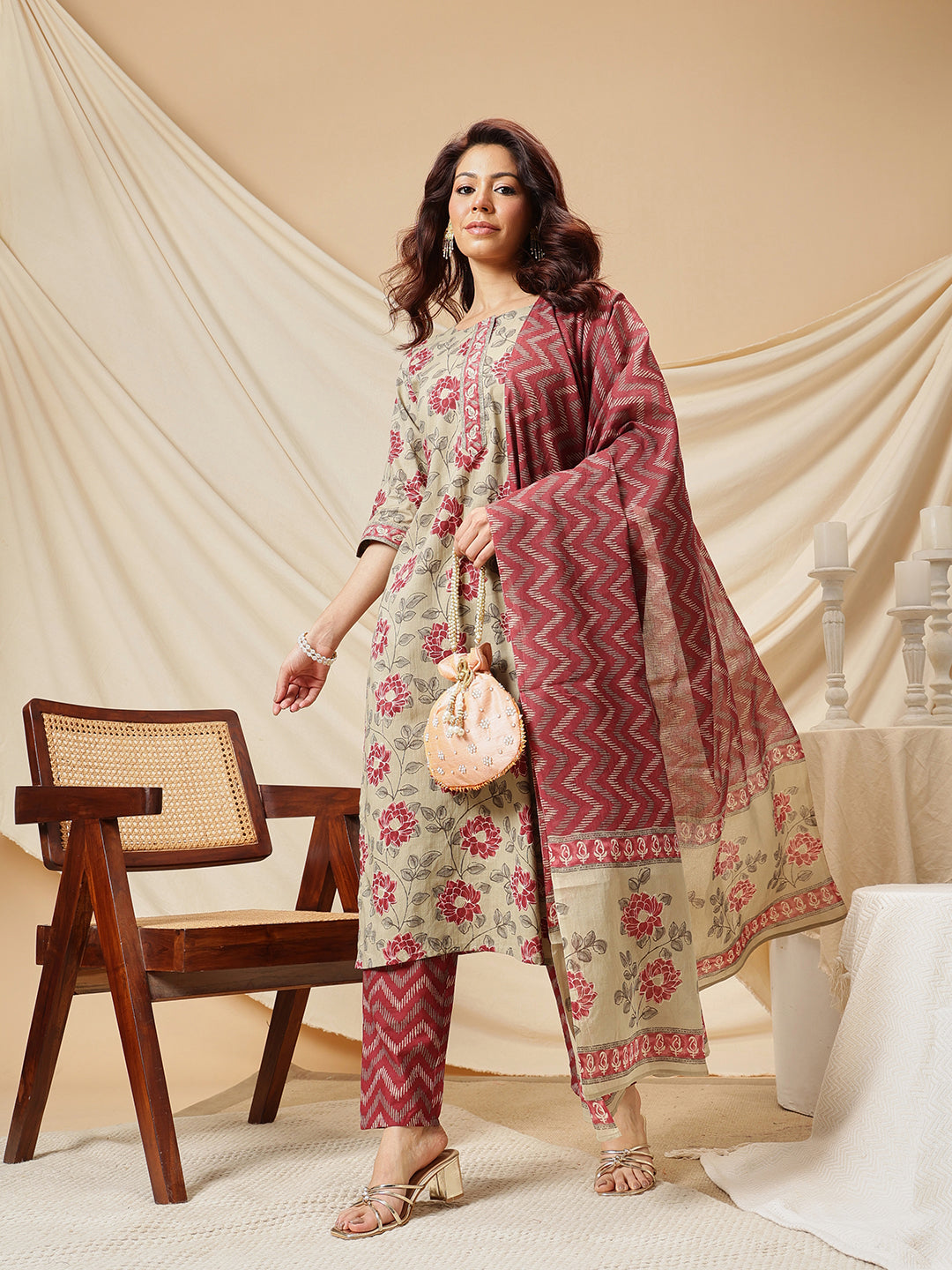 Beige Floral Printed Cotton Suit Set