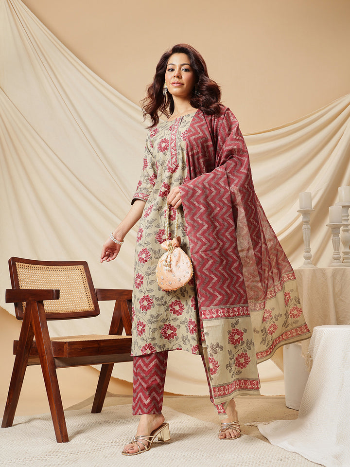 Beige Floral Printed Cotton Suit Set