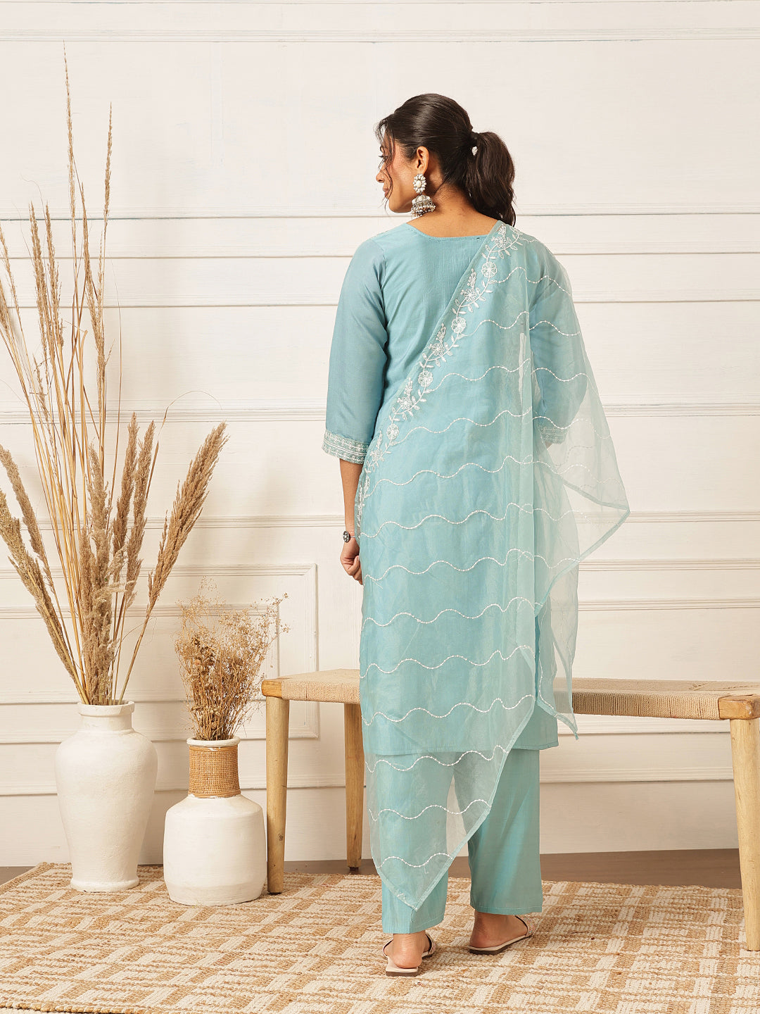 Embroidered Silk Blend Suit Set