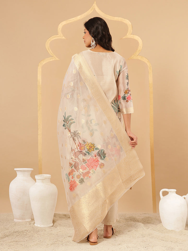 Beige Floral Printed Organza Suit Set