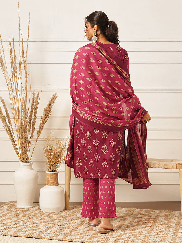 Pink Printed Straight Cotton Suit Set
