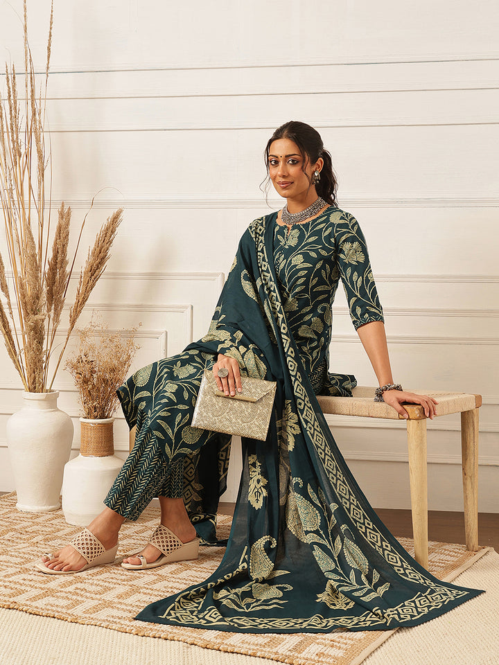 Blue Floral Printed Cotton Suit Set