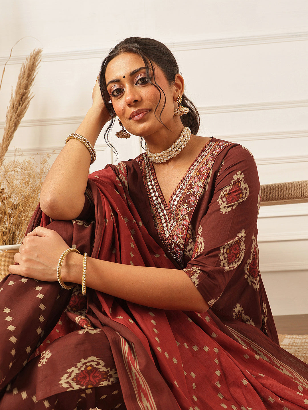Brown Embroidered Cotton Suit Set
