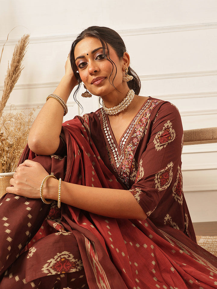 Brown Embroidered Cotton Suit Set