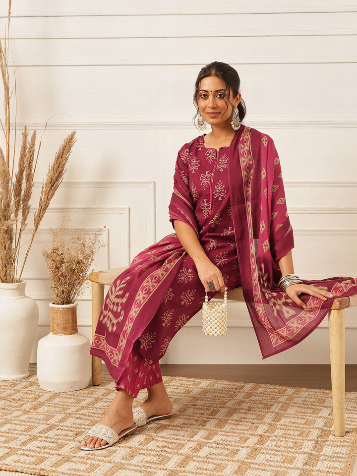 Pink Printed Straight Cotton Suit Set