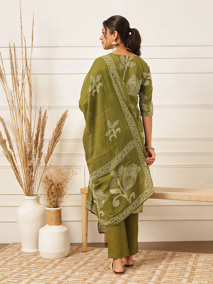 Green Embroidered V Neck Suit Set