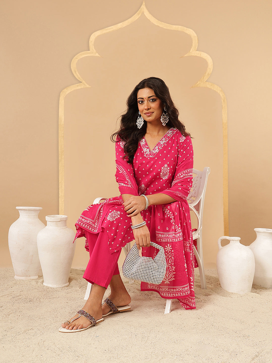 Pink Embroidered V-Neck Kurta Set