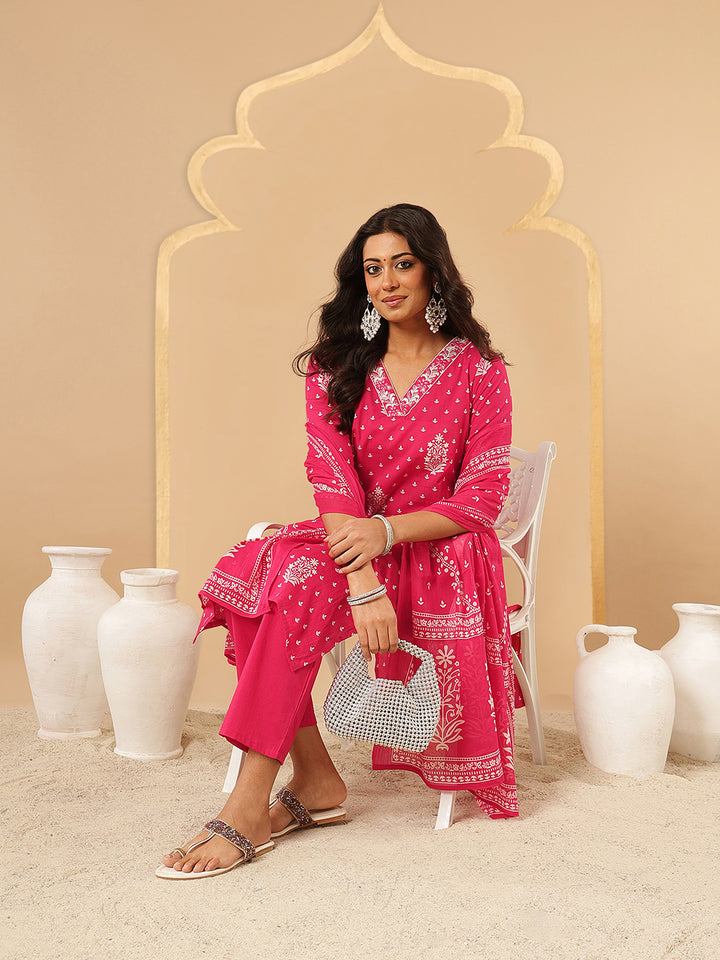 Pink Embroidered V-Neck Kurta Set