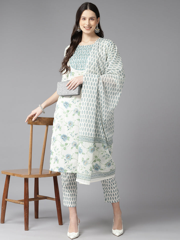 White Floral Embroidered Printed Cotton Suit Set