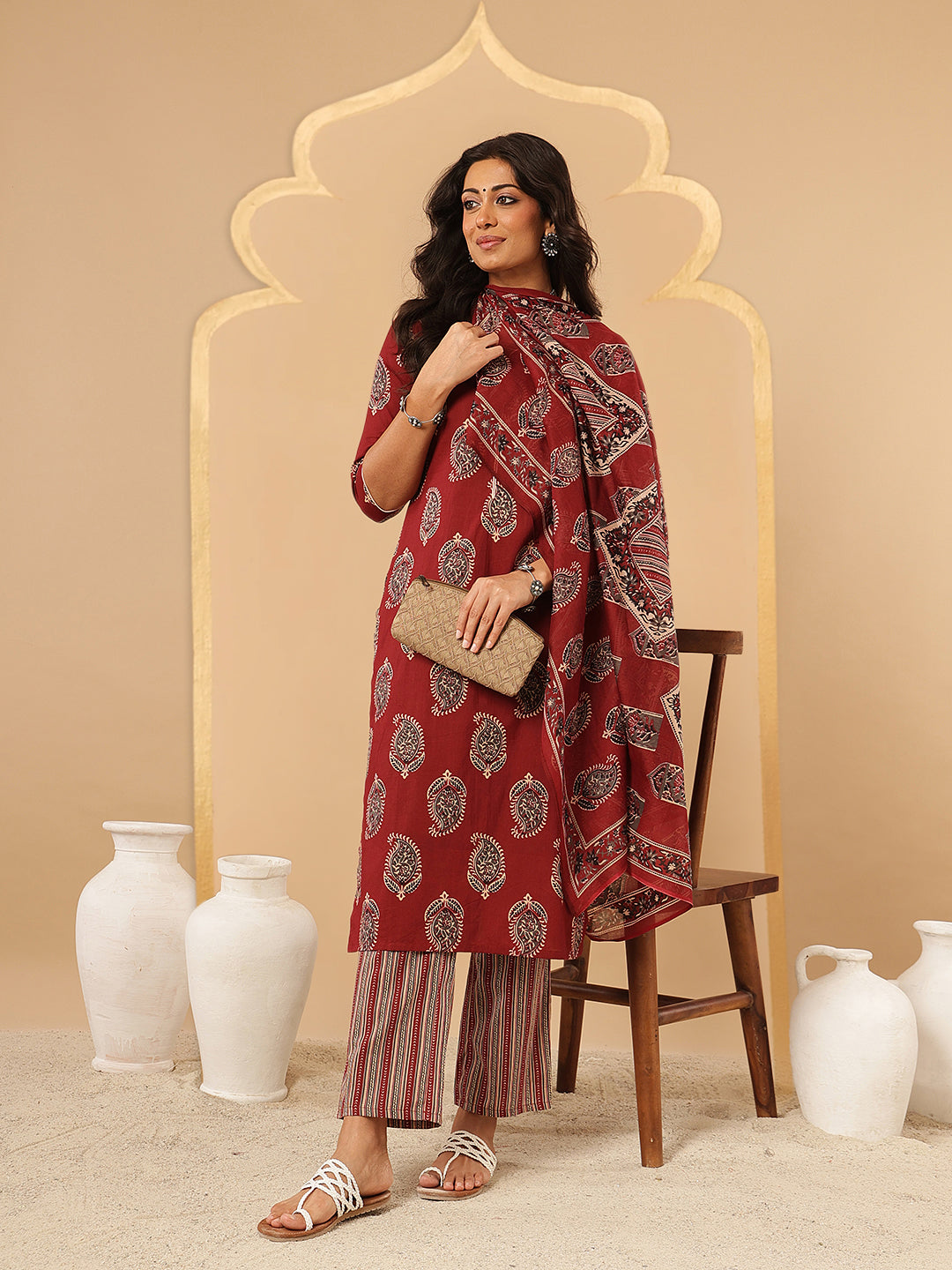 Maroon Ethnic Printed Cotton Suit Set