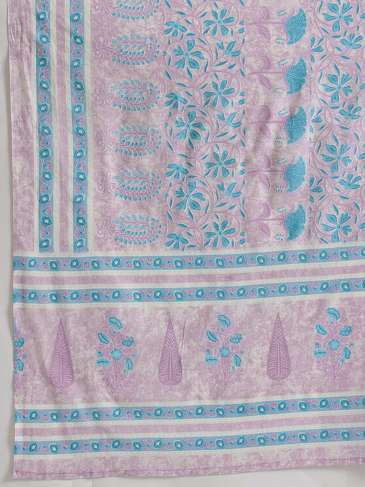 Blue Embroidered Floral Printed Cotton Suit Set