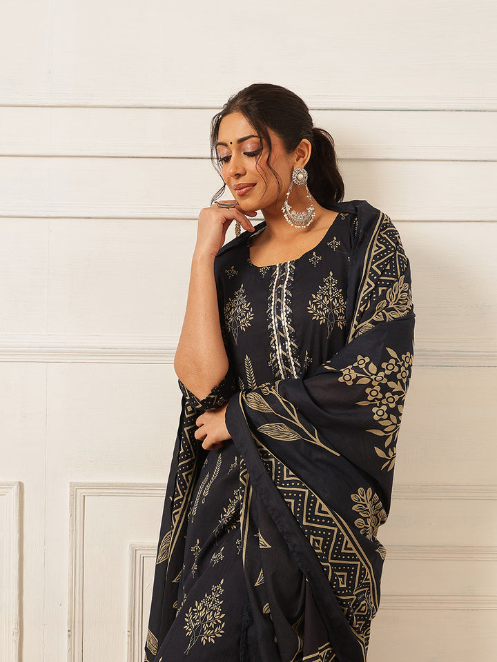 Navy Blue Embroidered Cotton Suit Set
