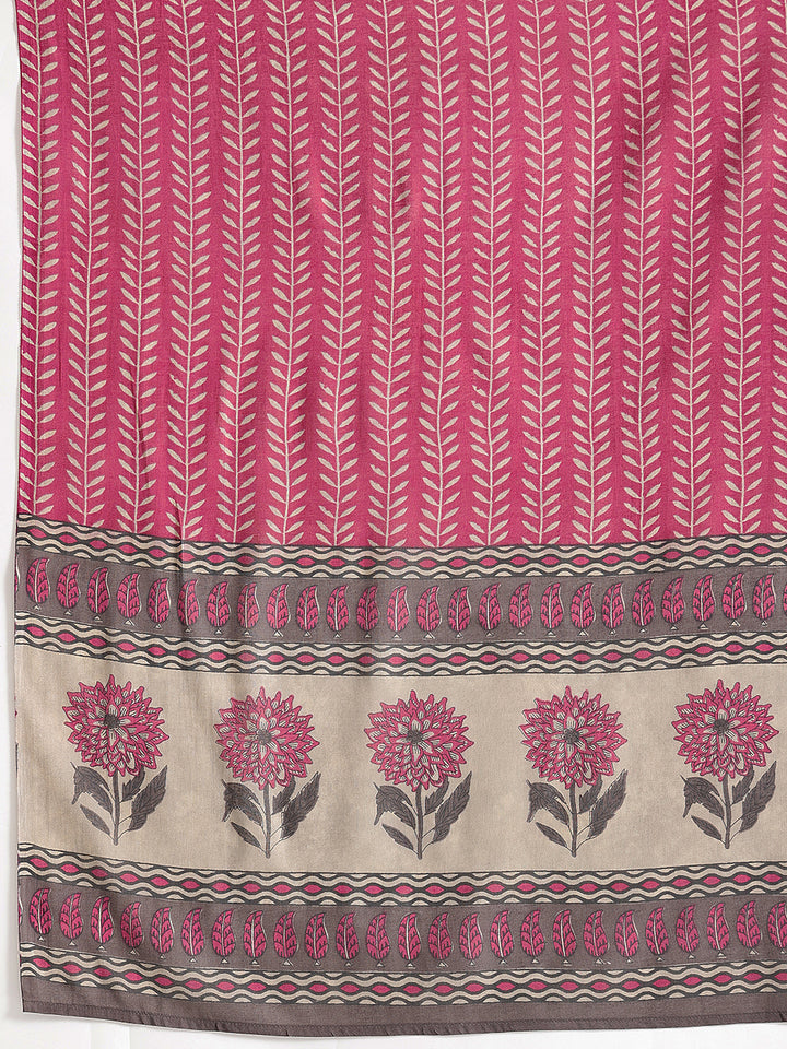 Beige Floral Printed Cotton Suit Set