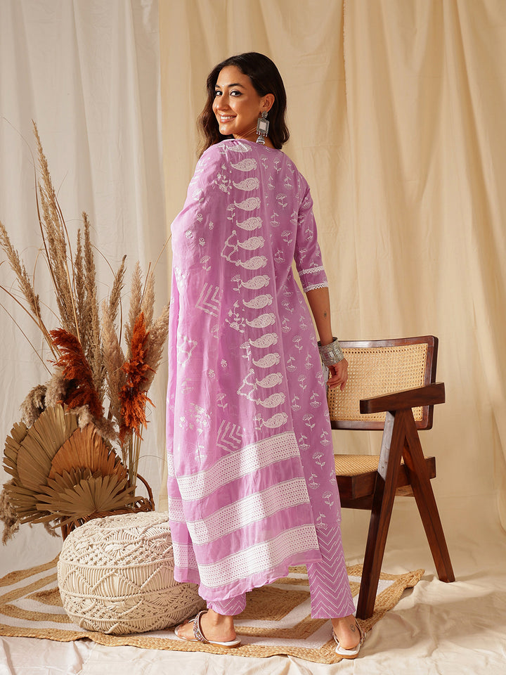 Lilac Printed Cotton Suit Set
